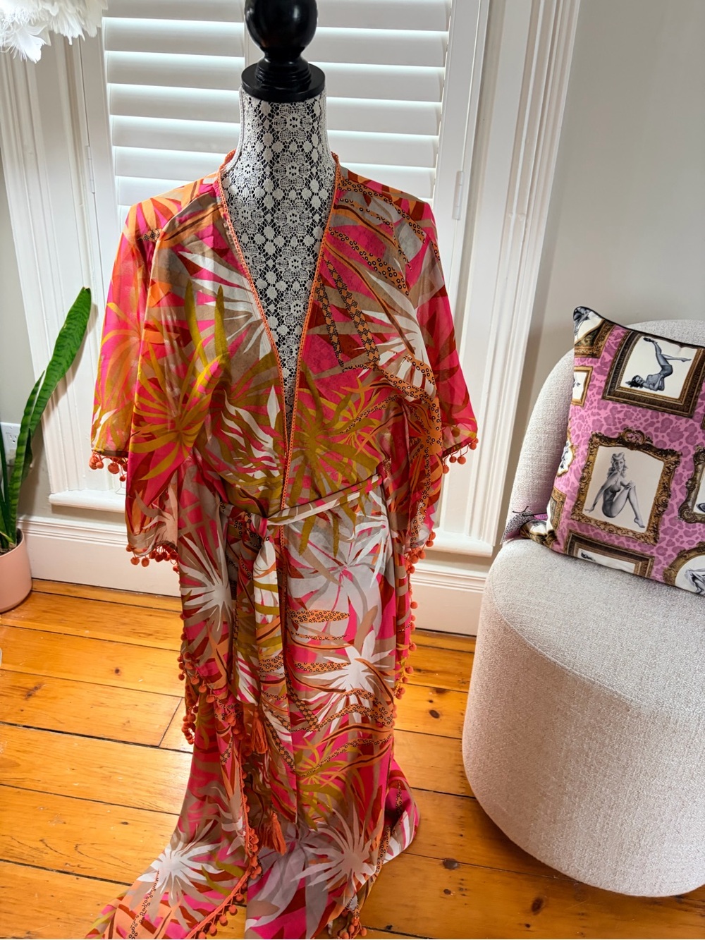 Tropical Pink & Orange Floral Beach Kimono Coverup